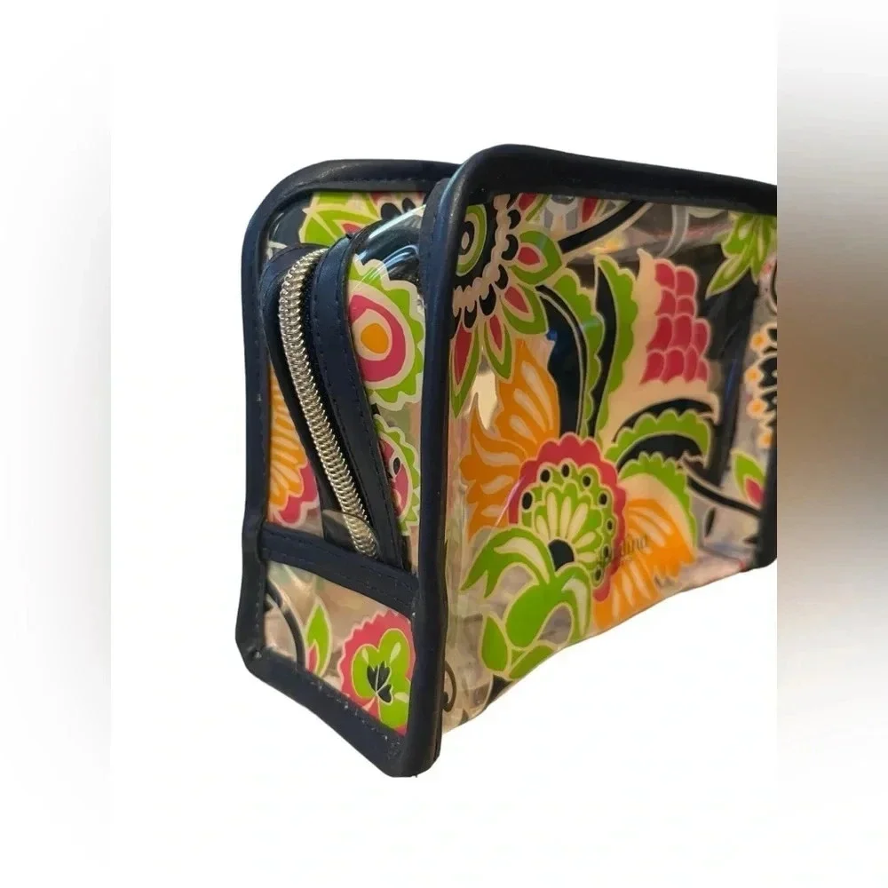 Spartina 449 Clear Colorful Floral Cosmetic Makeup Kit Leather Strap Zipper